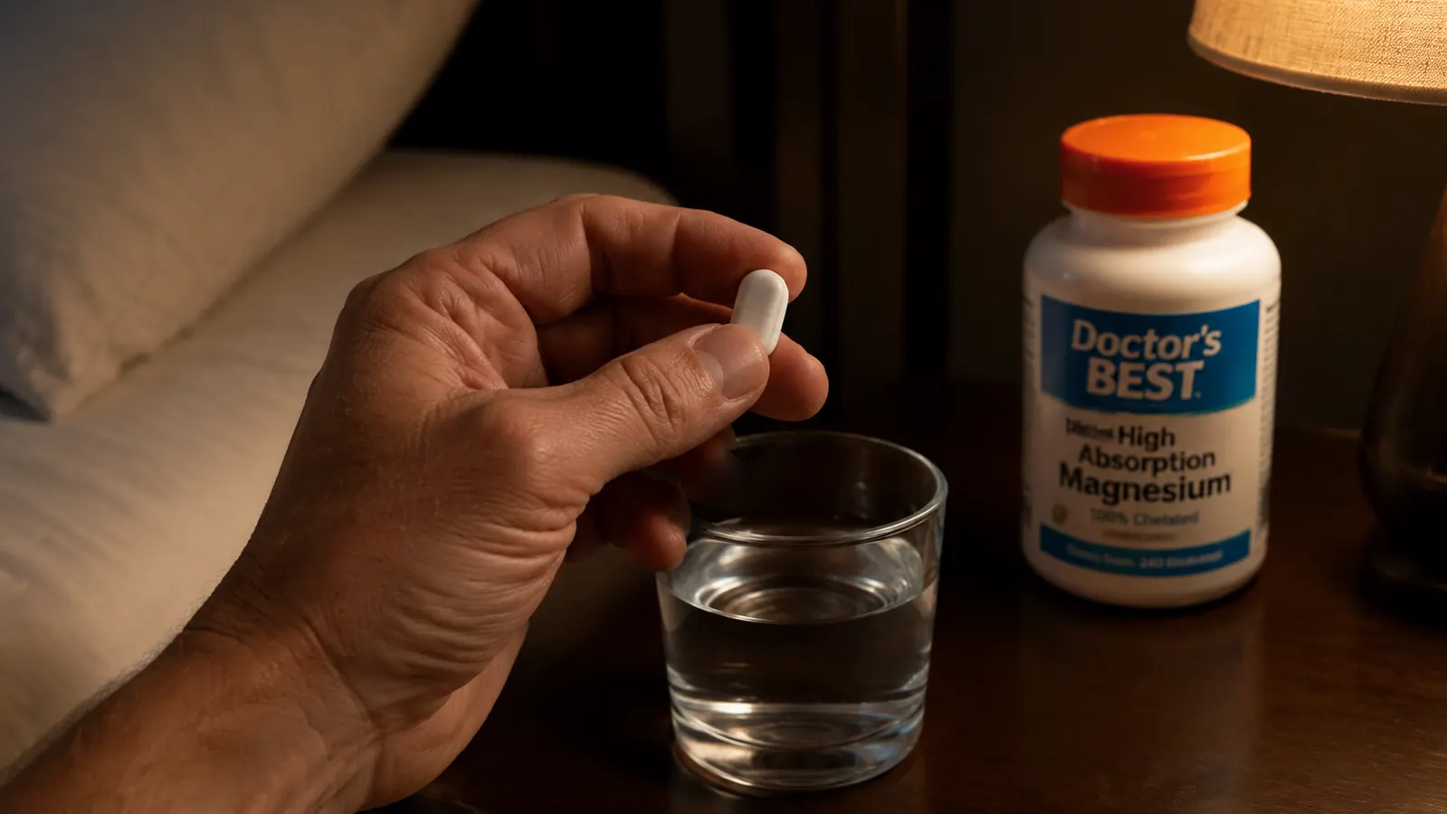 Hand holding a white capsule over a glass of water, ready to take before bed