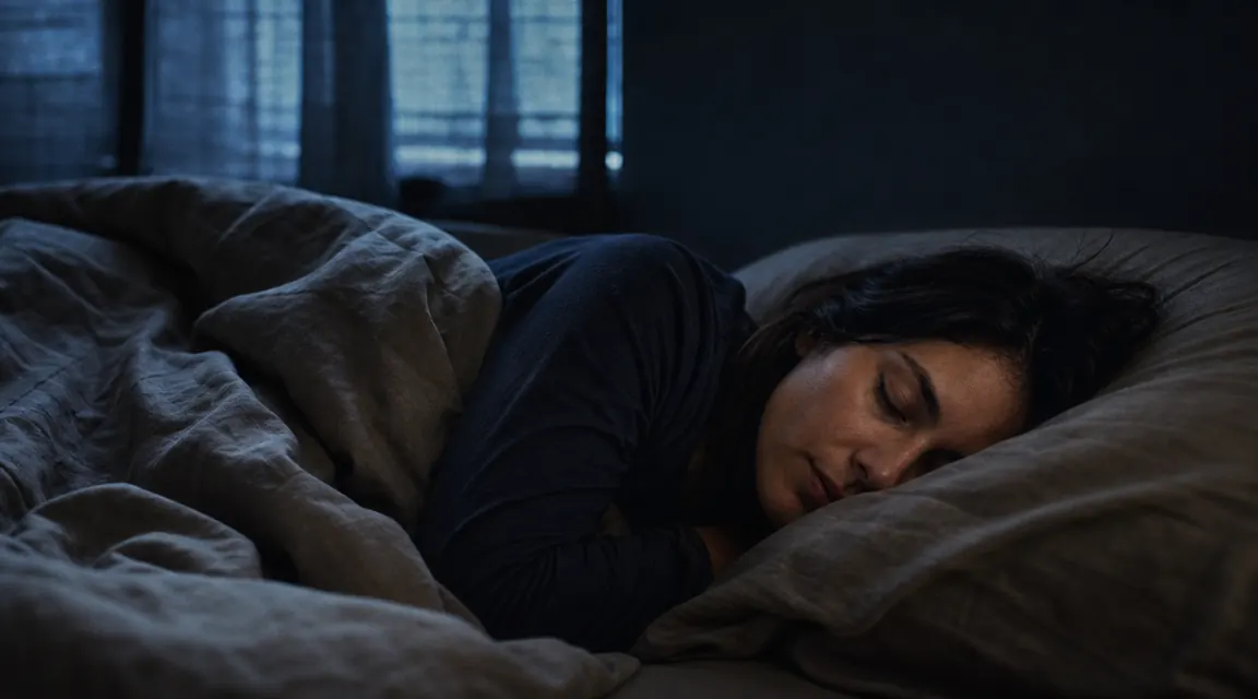 Person sleeping peacefully in a dark room, soft blue light from a window casting gentle shadows