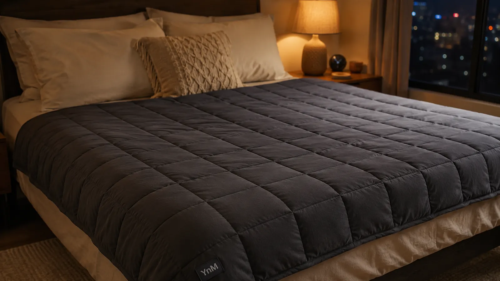 YnM weighted blanket spread across a bed with glass beads visible through the fabric