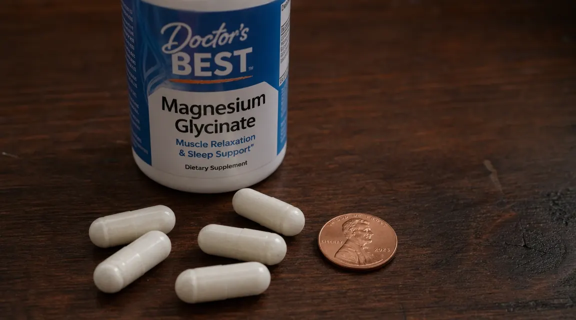 Close-up of large white capsules from Doctor's Best magnesium glycinate bottle next to a penny for size comparison
