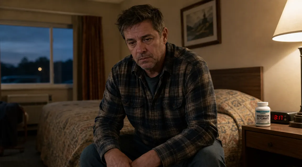 Trucker sitting on the edge of a motel bed in the evening, rubbing his eyes, supplement bottle on the nightstand
