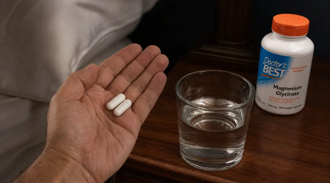 Hand placing two white magnesium glycinate capsules into a palm next to a glass of water on a hotel nightstand