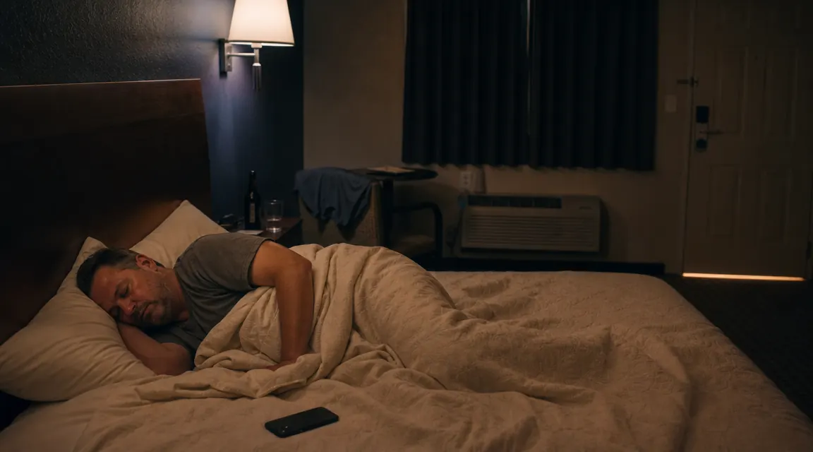 Man in his 50s sleeping peacefully in a dark motel room with blackout curtains drawn and a phone face-down on the nightstand