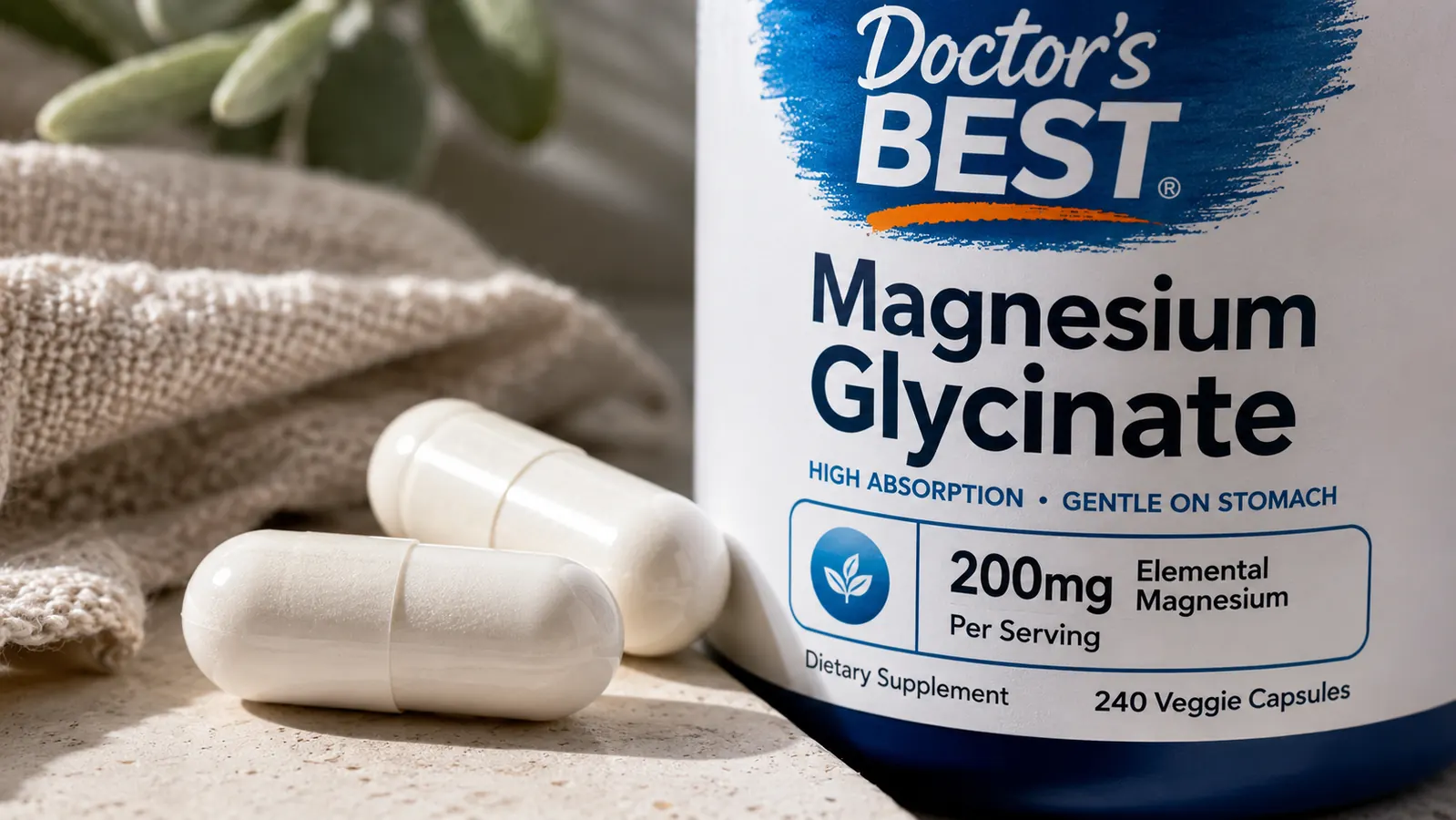Close-up of two Doctor's Best magnesium glycinate capsules beside a supplement facts label showing 200mg elemental magnesium per serving