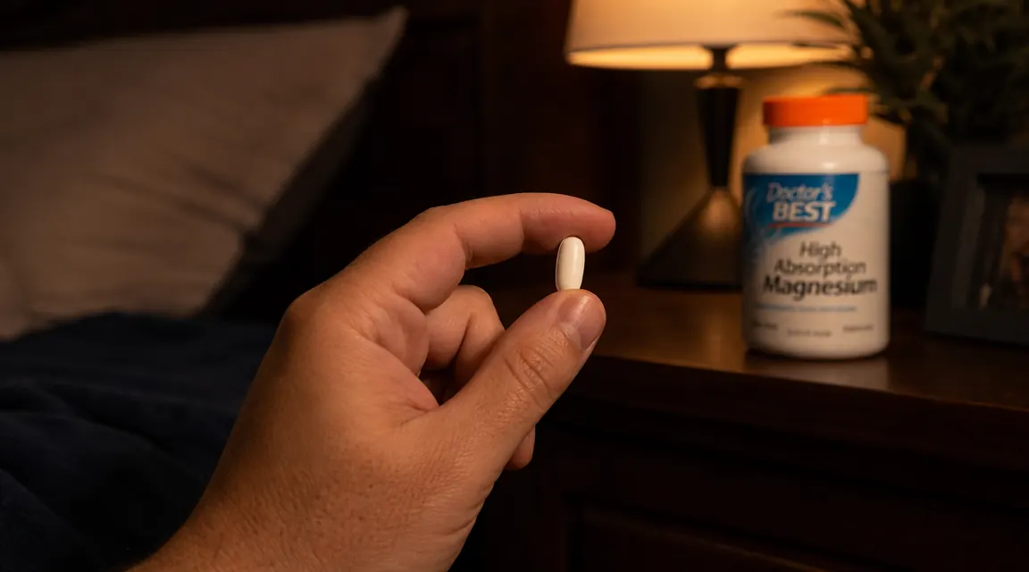 Hand holding a magnesium glycinate capsule over an open palm before bedtime
