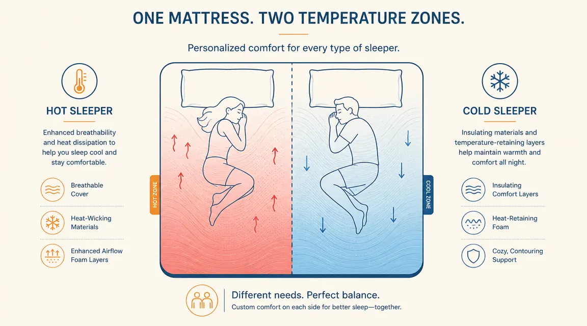 Thermometer graphic showing hot side versus cool side of a mattress split down the middle
