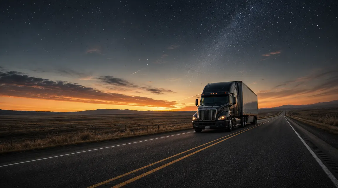 Open road at sunrise with a semi-truck rolling down a two-lane highway, golden hour light