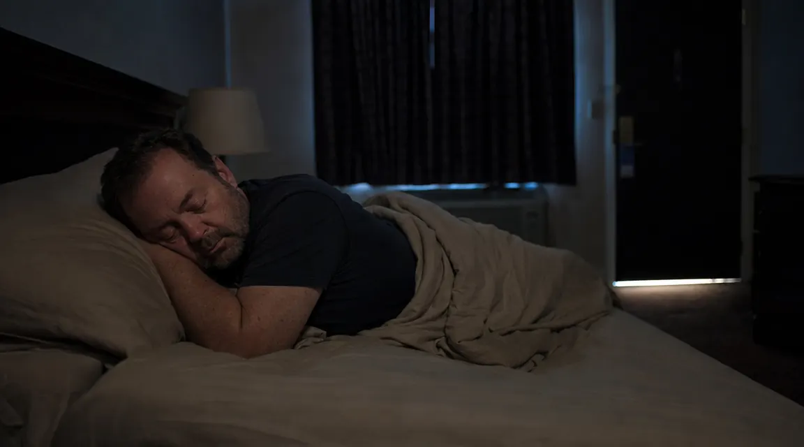 Man sleeping peacefully in a dark motel room with heavy curtains drawn, relaxed posture