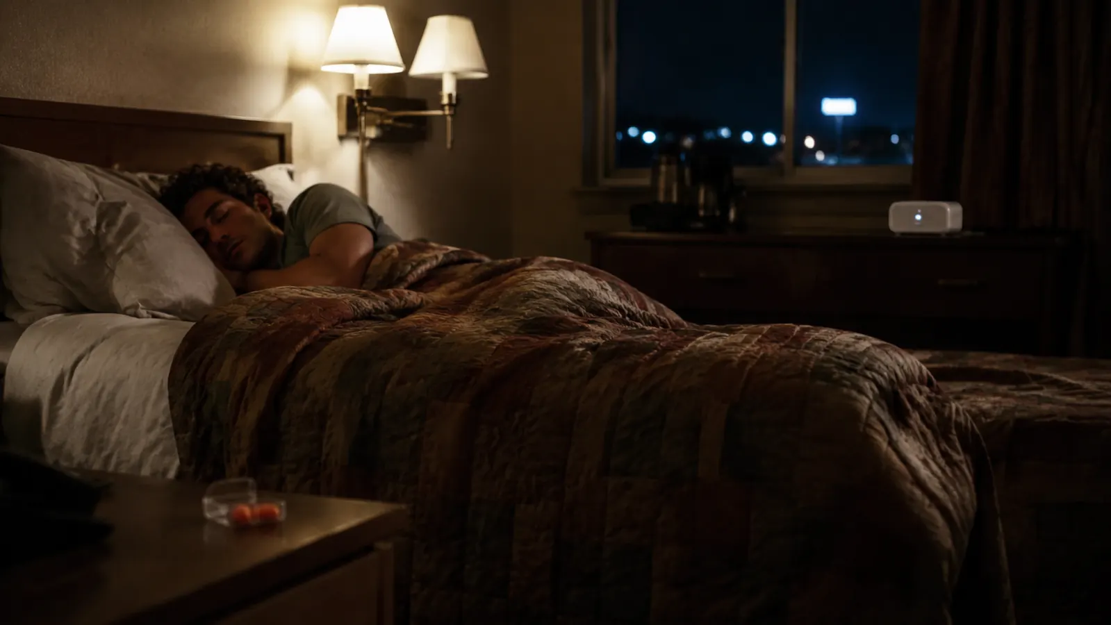 Person resting comfortably in a motel bed with a white noise machine on the dresser nearby and earplugs on the nightstand