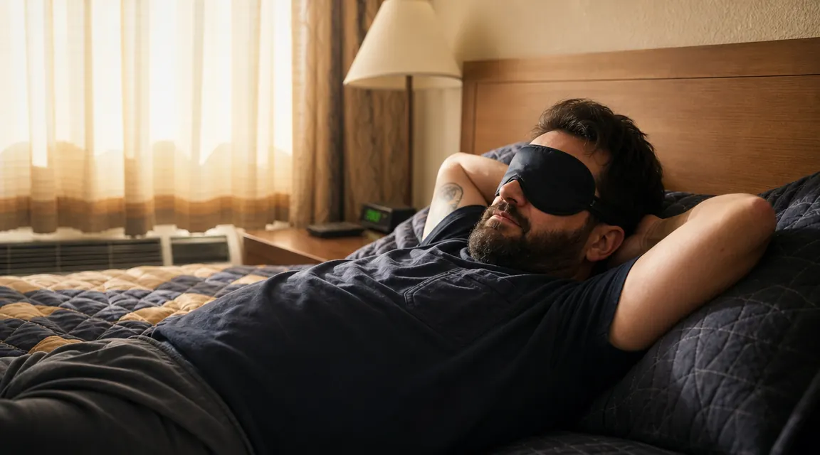 Shift worker sleeping in a bright motel room with blackout sleep mask on, sunlight streaming through thin curtains