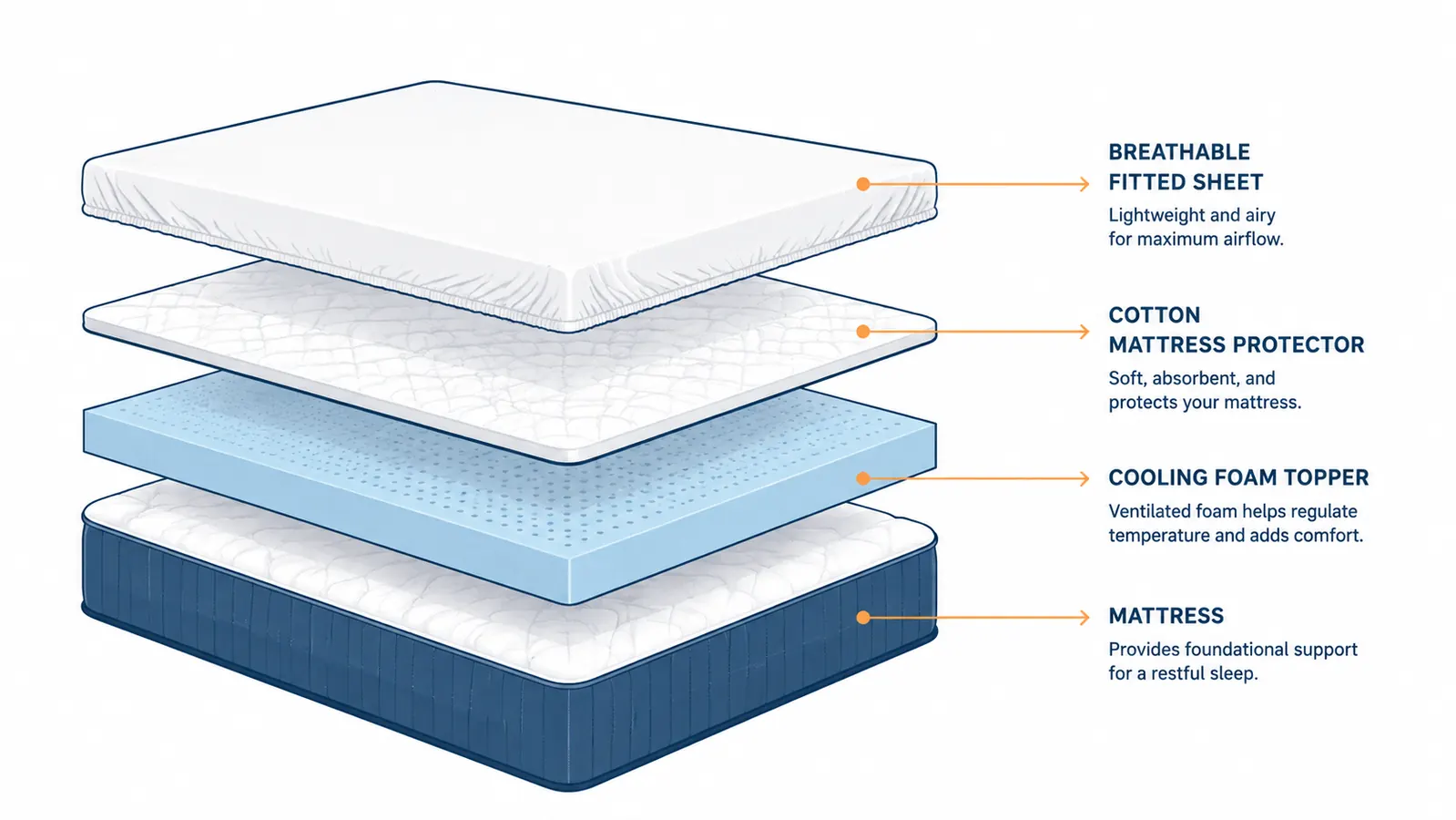 Diagram showing correct bedding layer order from mattress up: topper, mattress protector, fitted sheet