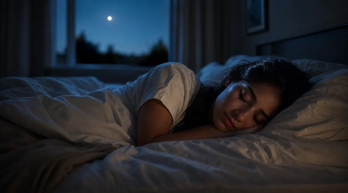 Person sleeping peacefully on a neatly made bed with a white fitted sheet, bedroom dark and cool-looking
