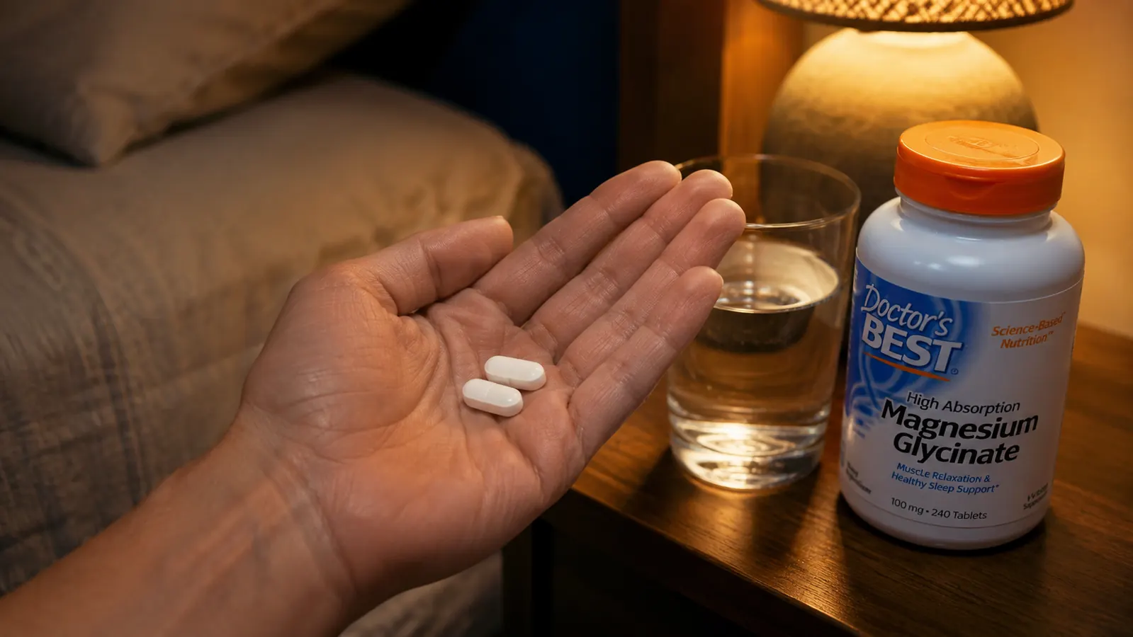 Hand holding two magnesium glycinate capsules over a glass of water, about to take them before bed