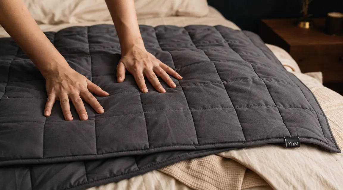 Close-up of hands smoothing a dark cotton weighted blanket over a bed, showing the quilted glass-bead texture