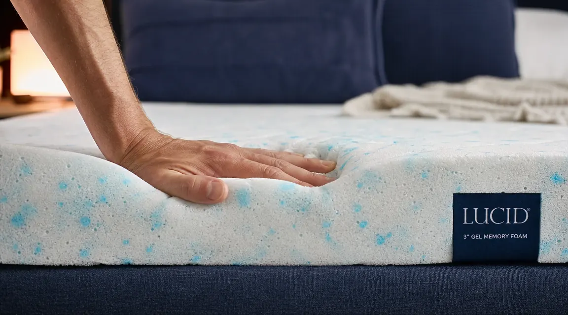 Hand pressing down into the surface of a blue gel-infused memory foam mattress topper