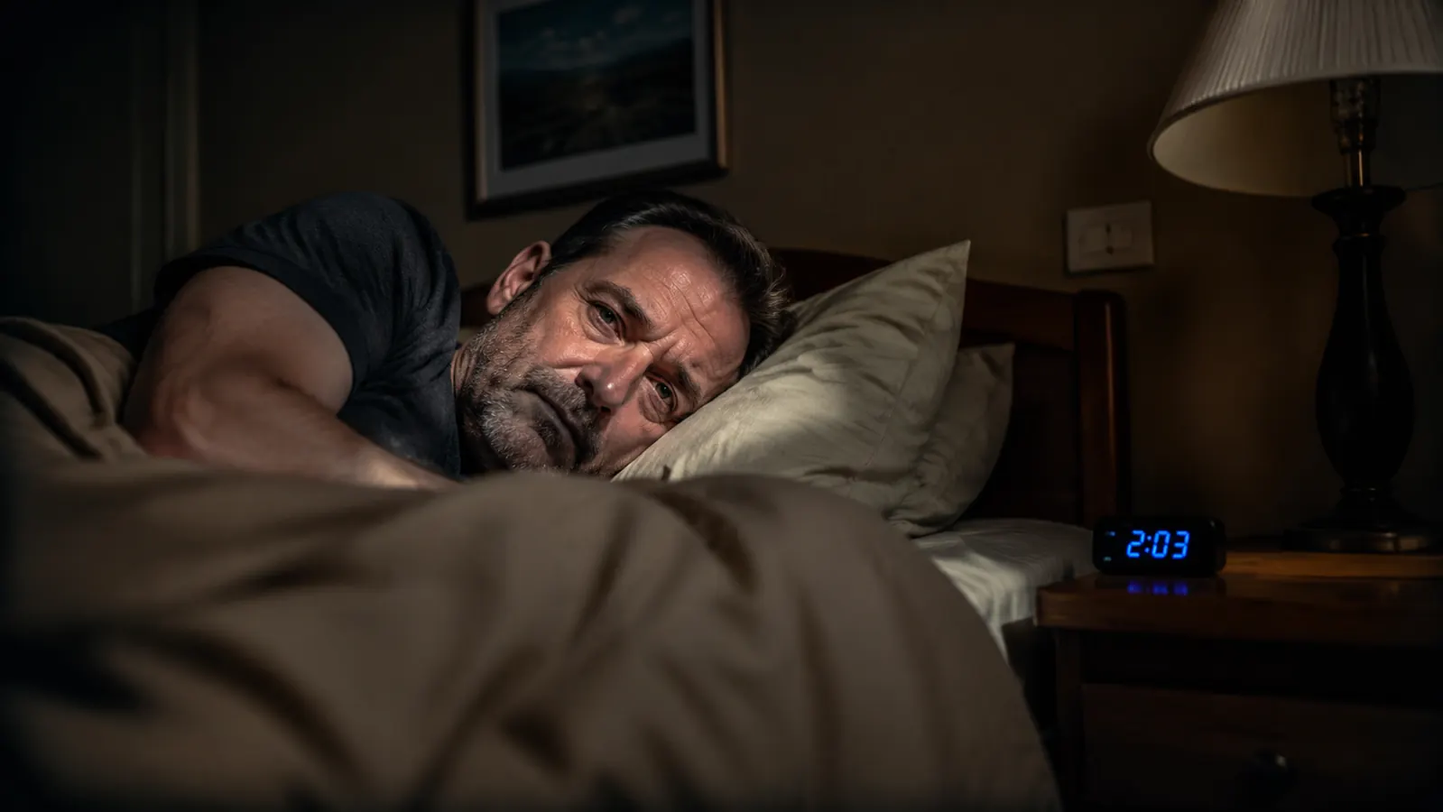 Man lying on his side on a bed in a motel room with a sleep mask and foam topper visible underneath the sheets