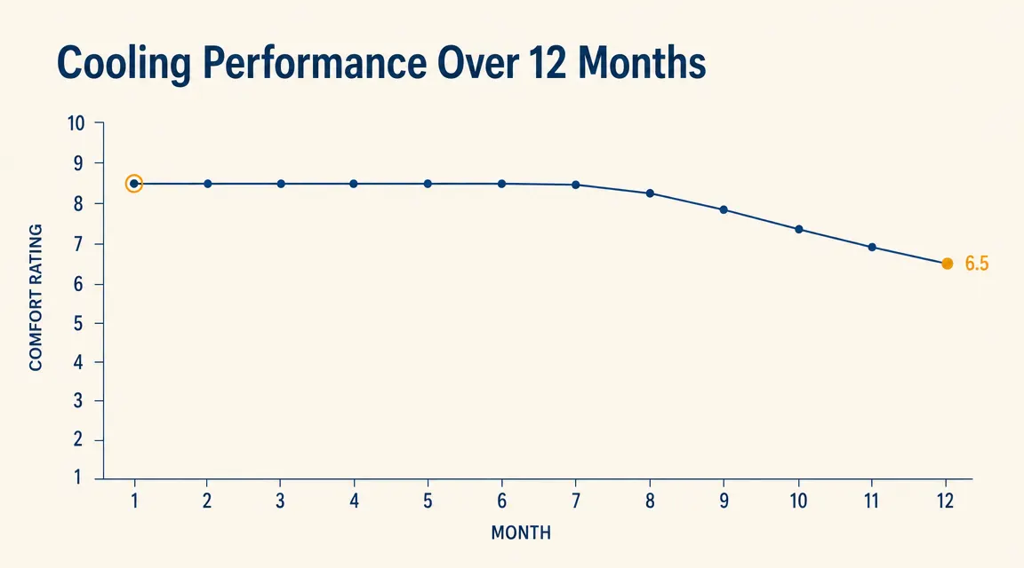 Chart showing sleep temperature comfort ratings over 12 months of use, starting high and showing gradual decline after month eight