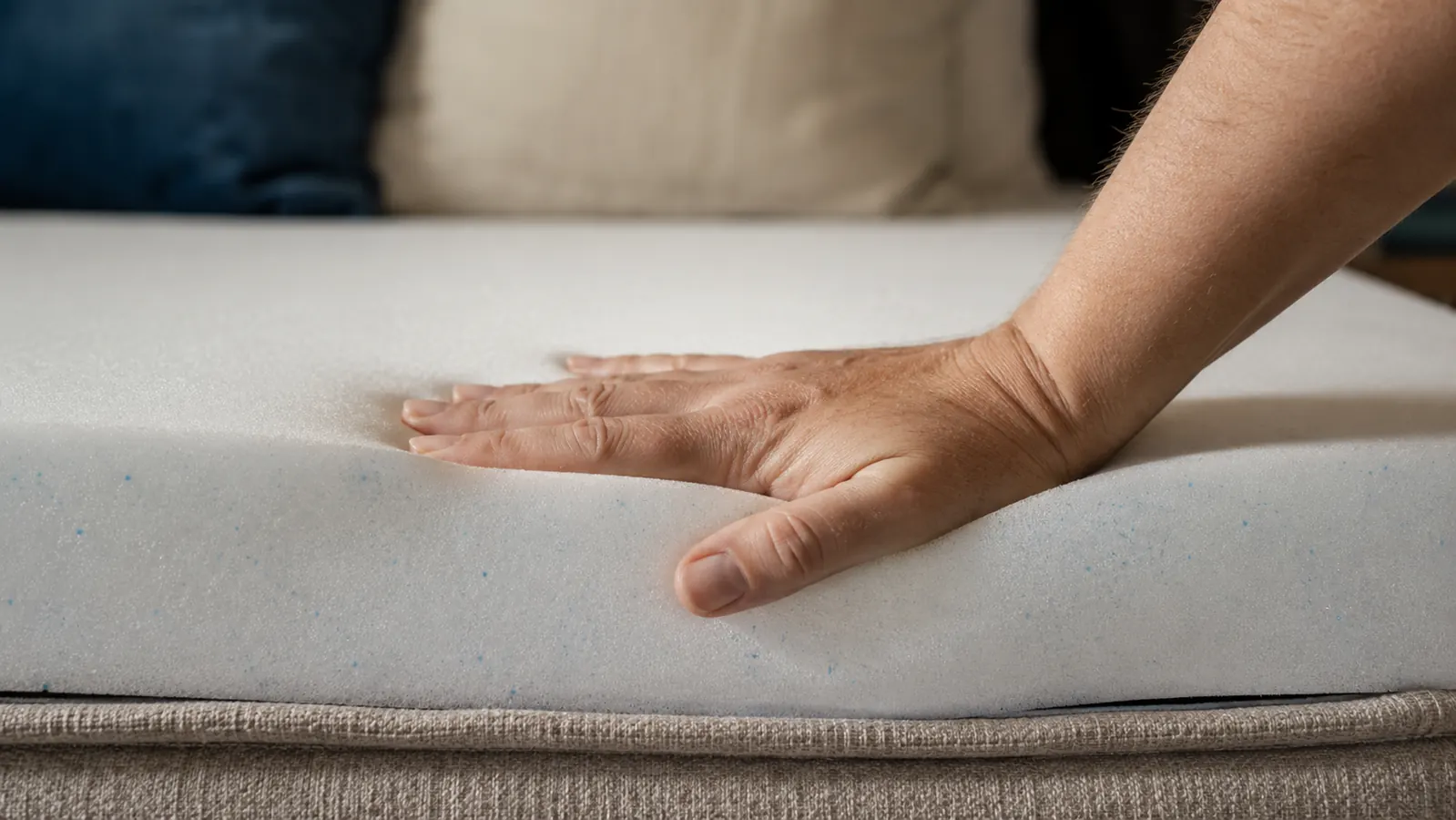 Hand pressing down into a white gel memory foam mattress topper to show its softness and depth