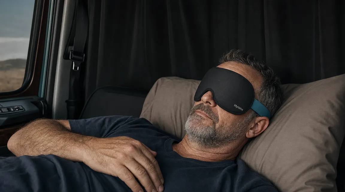 Man wearing MyHalos sleep mask in the sleeper cab of a semi truck, curtain drawn