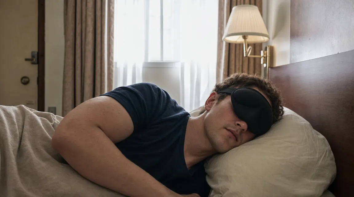 Person sleeping on their side in a motel room wearing the MyHalos mask, bright window behind them