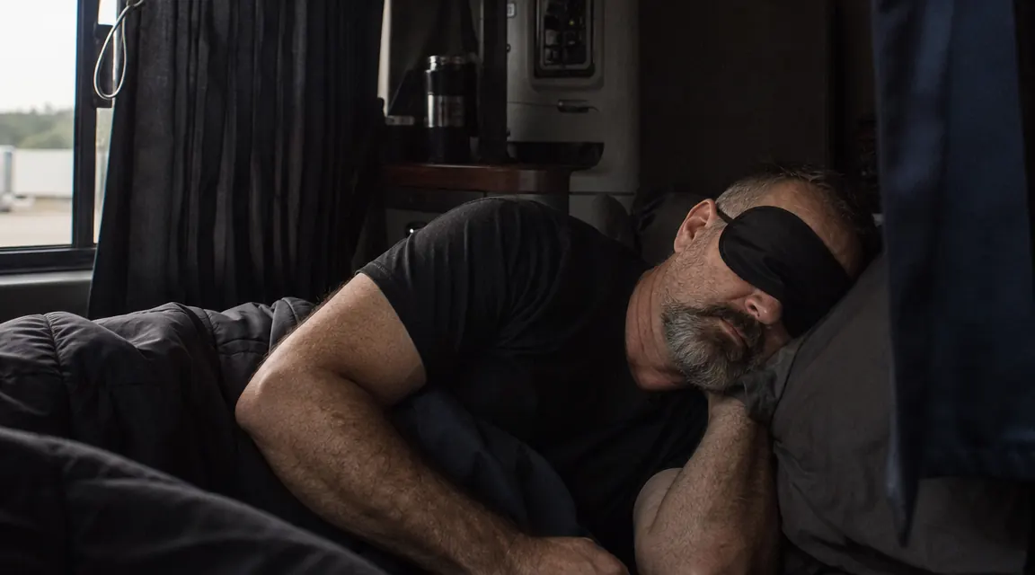 Truck driver resting in a sleeper cab bunk with a sleep mask on, curtains partially drawn
