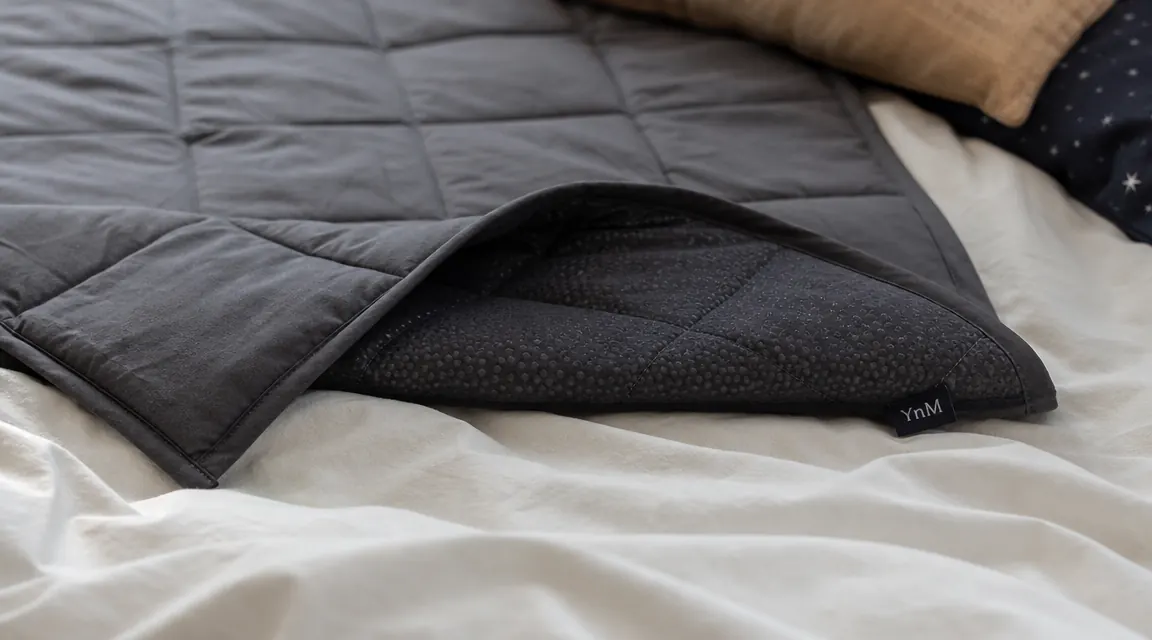 Close-up of the YnM weighted blanket grid stitching showing glass bead pockets