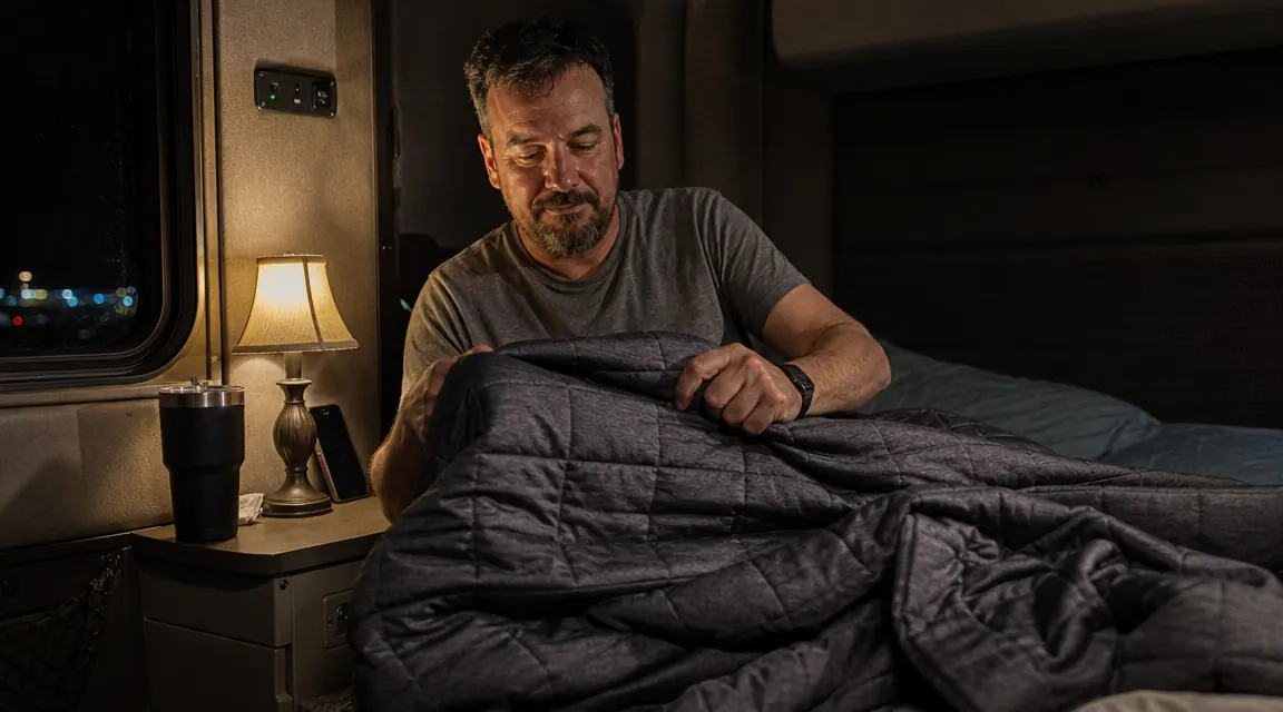 Man sitting on motel bed pulling a weighted blanket over his lap in a dim room