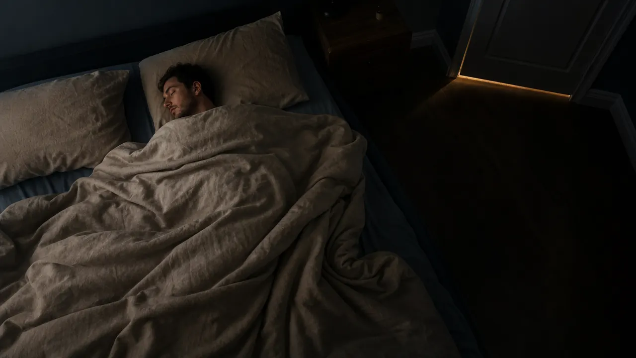Person lying under a weighted blanket in a dimly lit room, eyes closed, looking relaxed