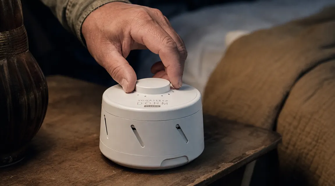 Hand adjusting the top cap of a Yogasleep Dohm Classic to dial in the sound